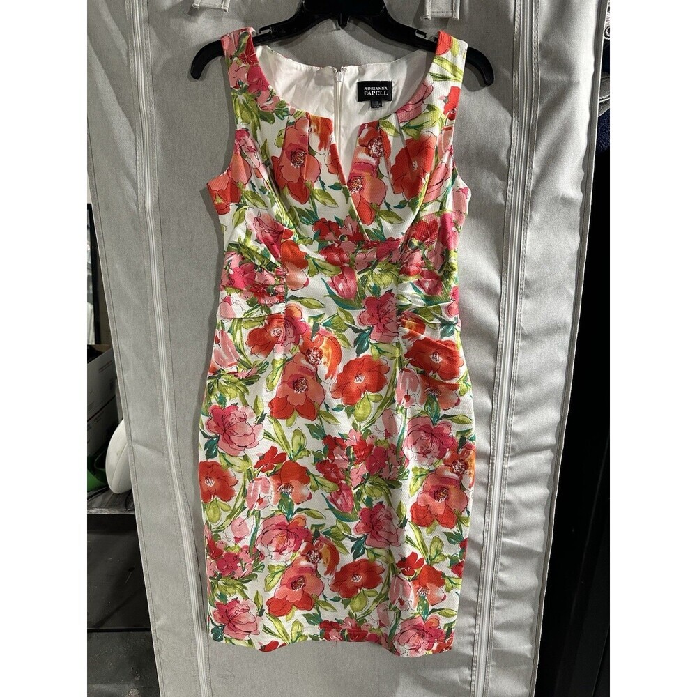 Adrianna Papell White Midi Dress with Red & Pink Floral Print - Picture 2 of 7